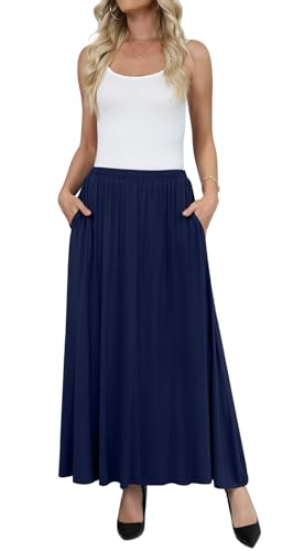 Yincro Womens Maxi Skirt Casual Flowy Elastic High Waist Long Skirts with Pockets (Navy Blue, XL)