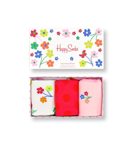 Happy Socks 3-Pack Flower Gift Set, colorful and fun, Socks for Men and Women, White-Pink-Green-Orange (10-13)