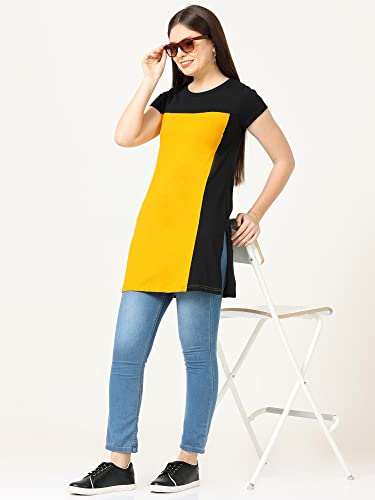 Image of FLEXIMAA Women's Cotton Round Neck Color Block Half Sleeve Long Top