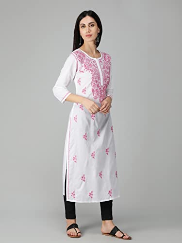 Image of Seva Chikan Hand Embroidered Lucknowi Chikankari Regular Straight Cotton Kurta Kurti for Women SCL4243
