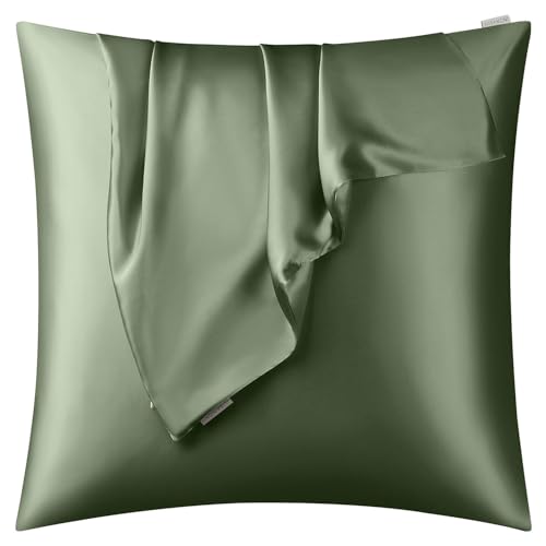 DISANGNI Taie d'oreiller 100 % soie de mûrier naturelle pour les cheveux et la peau avec fermeture éclair dissimulée, 22 mommes, taie d'oreiller en soie véritable des deux côtés Vert 65 x 65 cm