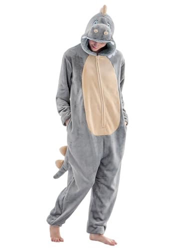 JUOLOET Unisex Adult Onesie Pajamas Dinosaur Animal One Piece Snug Fit Halloween Costume Sleepwear HomewearGrey Dinosaur Large