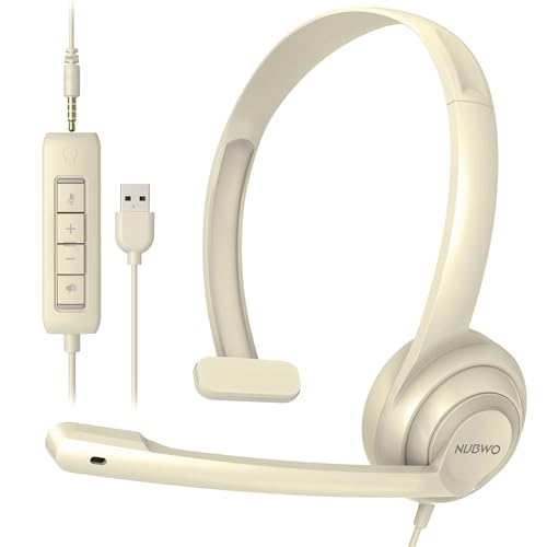 Image of NUBWO HW02 USB Headset with Microphone Noise Cancelling &in-line Control, Ultra Comfort Computer Headphones for Laptop pc, On-Ear Wired Office Call Center Headsets for Boom Skype Webinars (Apricot)