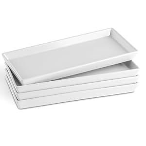 KooK Ceramic 11 Inch Rectangular Serving Trays, Porcelain Platters for Food at Parties and Entertaining, Microwave, Dishwasher Safe, White, Set of 4