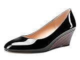 Aachcol Femmes Compensé Escarpins Mi Talon Heel Fermé Rond Bout Slip-on Mariage Bureau Dress Chaussures 5 CM Noir Vernis 42 EU