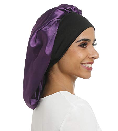 SAYMRE Large Satin Hair Bonnet Sleep Cap Elastic Wide Band Hat Night Sleeping Head Cover for Sleeping Supplies (X-Large, Purple)