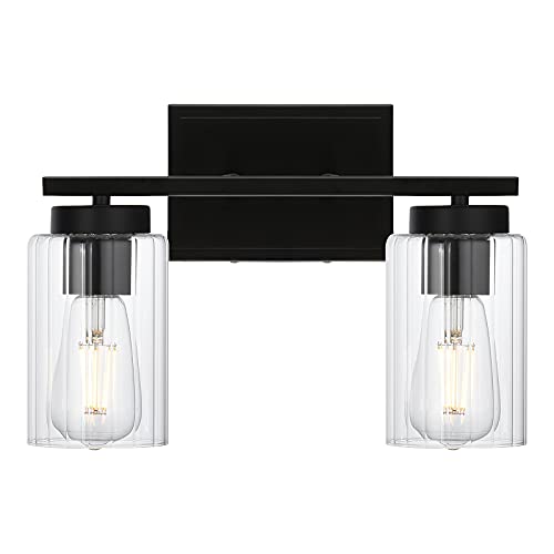 Up To 40% OFF TULUCE 2 Light Vanity Lighting Black Modern Wall Sconce Bathroom Lighting Finish with Clear Ribbed Glass Shade Bathroom Vanity Lights Wall Sconce Fixture for Bathroom,Mirror Cabinet, Living Room