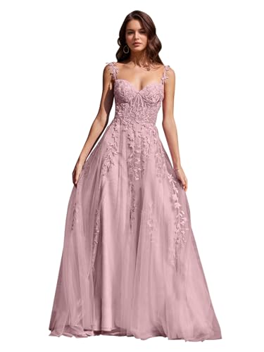 Image of Long Tulle Prom Dresses 2025 V Neck Floral Long Ball Gowns for Women Lace Applique Formal Evening Gowns ACE159