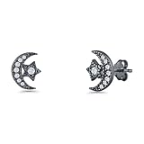 Blue Apple Co Black Tone, Cubic Zirconia-9.5mm Minimalist Crescent Moon & Star Stud Earring CZ Vintage Style Butterfly Push Back Earrings For Women 925 Sterling Silver Birthday Gift For Her -  Blue Apple Co.