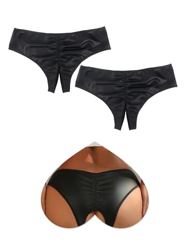 sunshinelady Slip Ouvert Für Frauen PU Unterhosen Damen Unterwäsche Offen im Schritt Sexy Unterhosen Große Größen String Tanga Low Waist Hipster Höschen Open Panties Women 2Packs Schwarz L