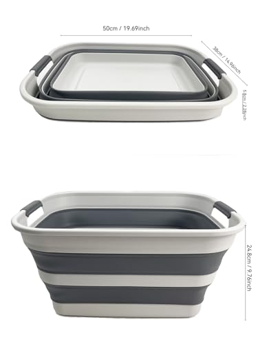 Image of SAMMART Set of 2 Collapsible Plastic Laundry Basket - Foldable Pop Up Storage Container /Organizer - Portable Washing Tub - Space Saving Hamper /Basket (Grey /Steel Grey, 27L)