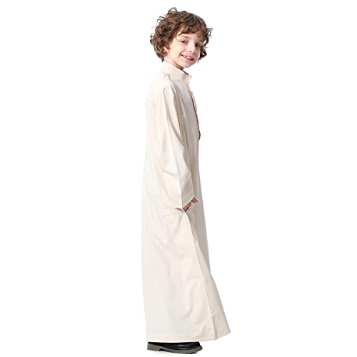 Image of OBEEII Boy's Muslim Arab Solid Color Thobe Long Sleeve Kaftan Embroidered Robe Islamic Arabic Abaya Thobe