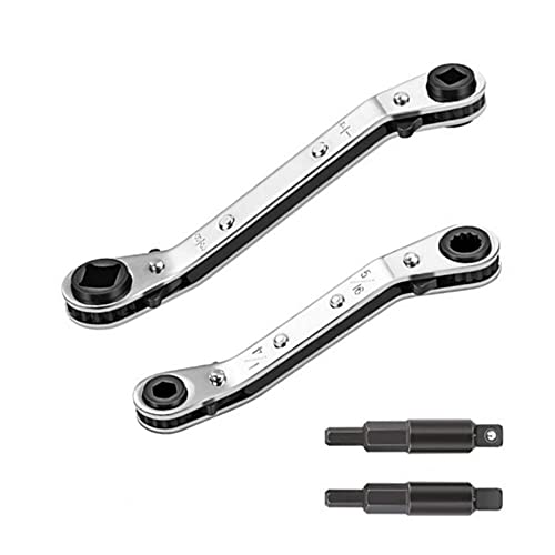 VOANZO HVAC Service Wrench 3/8" 5/16" 3/16" 1/4" Air Conditioner Valve Ratchet Wrench with 2 Hexagon Bit for Refrigeration Equipment Tools Equipment Repair