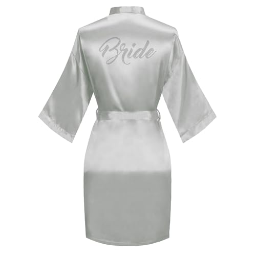 Image of Women's Bride Bridesmaid Robes Short Satin One Size Silver Rhinestones Wedding Party Getting Ready Sleepwear