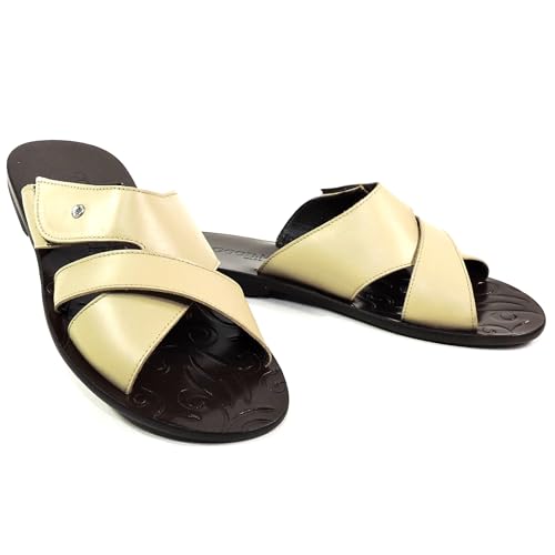 Goodman Men's Leather Comfort Sandals, Beige, Slip-On Summer Flats with Cross Strap Design, Made in Italy
