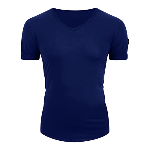 Maiyifu-GJ Men's Muscle Workout V Neck Tee Athletic Bodybuilding Short Sleeve Shirts Stretch Slim Fit T Shirts with Zipper (Dark Blue 2,3X-Large)