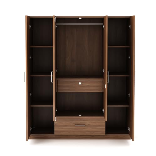 Image of DesignFit Engineered Wood 4-Door Wardrobe for Bedroom | Wooden Almirah with 1 Hanging Rod, 2 Drawers & 8 Shelves | Clothes Cupboard Storage Cabinet Furniture (Walnut Finish)