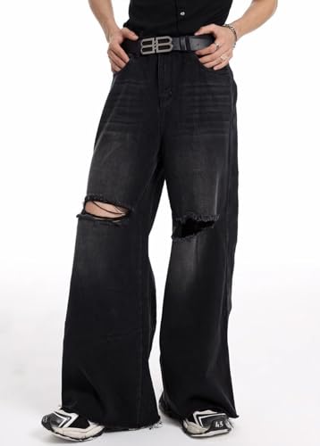 Mens Ripped Jeans High Waisted Streetwear Loose Wide Leg Distressed Denim Pants3