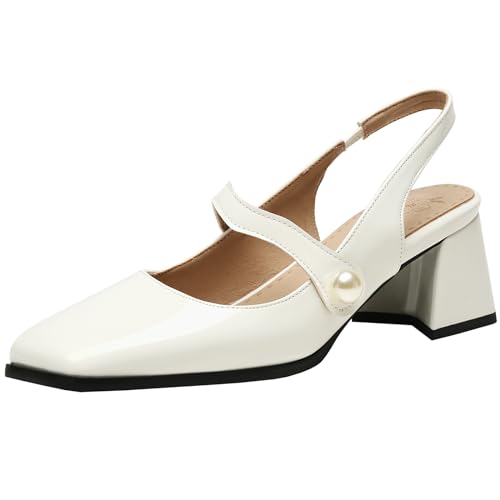 CUTEHEELS Elegantes sandalias de tacón grueso con puntera cuadrada para mujer, beige, 44 EU