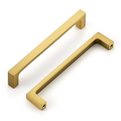 Image of Ravinte Brushed Gold Kitchen Cabinet Solid Handles,5 Inch,10 Pack | Solid Zinc Alloy, Modern Slim Style, Square Design, Deep-Thread Firm Base, Screws Included, for Kitchen Drawers & Cupboards