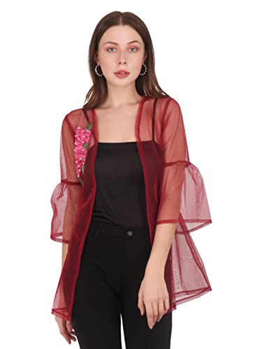 Image of UNFAKENOW Women Floral Embroidered Pearl Embellished Net Shrug