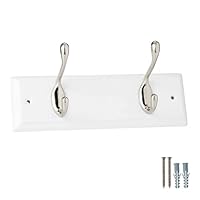 keypak 2-Hook Door Wall Mounted Coat Rack, 22.5cm - White Wooden Board, Satin Nickel Coat Hooks - Fixings Included