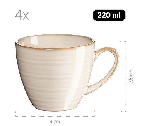 MÄSER Serie Nottingham, Vintage Kaffeetassen Set für 4 Personen, Untertassen mit unregelmäßigen Rundungen im Retro Look, Steinzeug, Beige