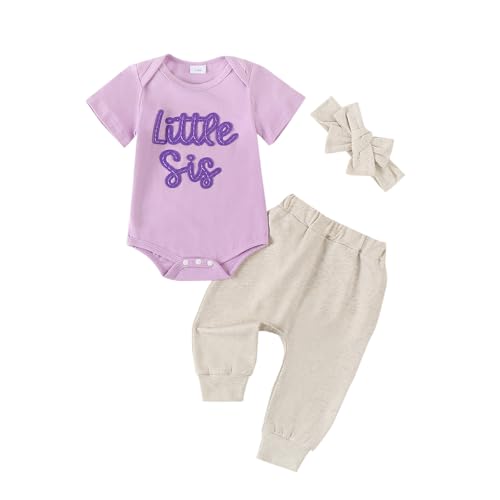 Image of Ayalinggo Newborn Baby Girl Clothes Little Sister Romper Lil Sis Short Sleeve Tshirt Pants Headband Summer Infant Clothes