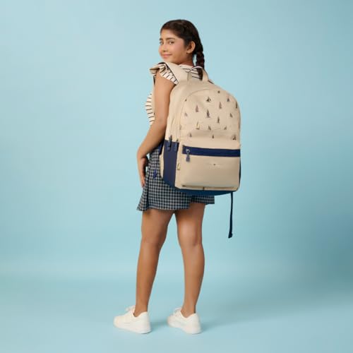 Image of Tommy Hilfiger School Backpack for Boys & Girls Segno - Beige+Navy | 3-Compartment Water-Resistant Student Bag for High School & College with Rain Cover & Padded Airmesh Back | 40L Capacity