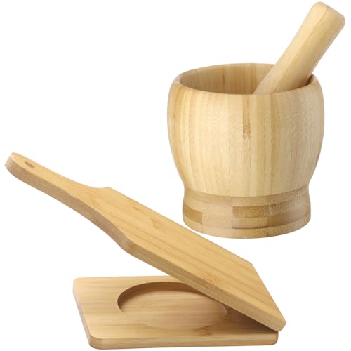 Lineshading 2 herramientas de cocina, juego de mortero y mortero de bambú jumbo de madera Tostonera Tostones Prensa de plátano natural triturador de plátano guacamole tazón frito plátano pimienta