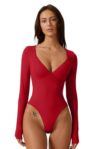 Image of QINSEN Women's Long Sleeve Bodysuit V Neck Body Suits Seamed Cup Going Out Tops Shirt
