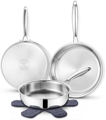 E-far Frying Pan Set of 3, 8/10/12 Inch Tri-Ply Stainless Steel S...