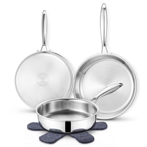 E-far Frying Pan Set of 3, 8/10/12 Inch Tri-Ply Stainless Steel Skillet Set, Cooking Pans for Searing & Sauting, Heavy-Duty & Non-Toxic Kitchen Cookware, Induction Compatible, Oven & Dishwas