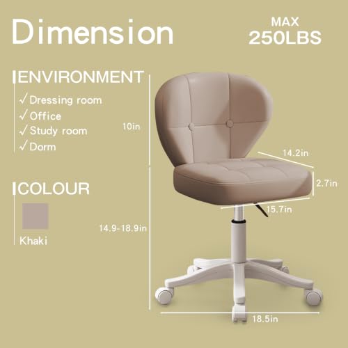 Image of Small Office Chair with Lumbar Support, PU Leather Armless Swivel Desk Chair Adjustable Height, Compact Rolling Chair for Home Office, Bedroom, Study (Khaki)