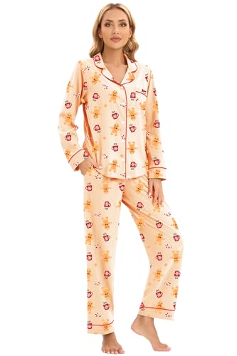 Image of LUBOT Christmas Pajamas for Women 100% Cotton Pajama 2 Piece PJ Set Soft Long Sleeve Button Xmas Print Loungewear XS-XXL