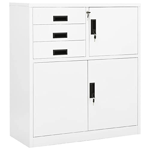 vidaXL White Steel Office Cabinet with Locker, Adjustable Shelf, 3 Drawers, and High Load Capacity – Classic Industrial-Style Filing Cabinet for Office Storage