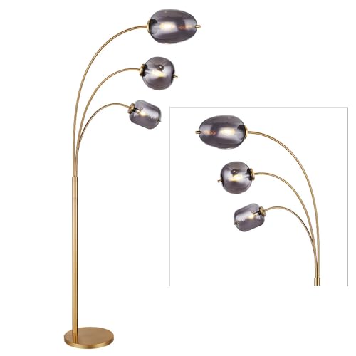 Stehlampe Bogenlampe Wohnzimmerleuchte Stehleuchte Schlafzimmerlampe, Metall Glas messing rauch, 3 Flammig E14, Fußschalter, L 80 cm
