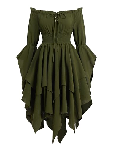 EFOGEP Renaissance Kleid Damen Mittelalter Kleid Viktorianisches Gothic Kleid Off Shoulder mit Glockenärmeln Vintage Cosplay Kostüm für Karneval Fasching Halloween Festival Grün L