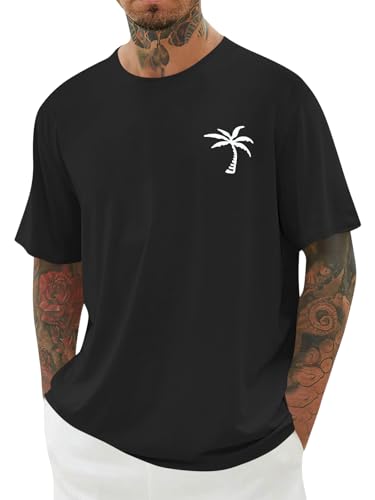 iudam Herren Kurzarm T-Shirt Rundhals Sommer Oberteile mit Grafikprint Palmenmotiv Baumwolle Casual Atmungsaktives Männer Schwarz 3XL