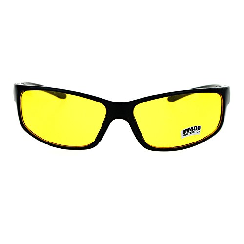 Mens Driving Yellow Driving Lens Warp Around Sport Biker Sunglasses Black2