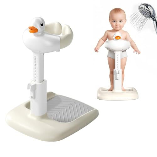 Stamen ベビーシャワースタンド 防滑 立ったままシャワーを浴びる 半自動調節ハンドル 入浴補助台 柔らかいアヒルの頭、扱いやすく音も出しやすい 子供用滑り止め浴槽 スツール付き 6か月から3歳までの赤ちゃんに適しています カーキ スツールはありません