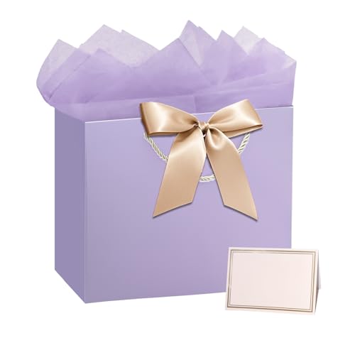 PrintGuru 13 Large Purple Gift Bag with Handles Birthday Gift Bag with Tissue Paper and Greeting Card Mothers Day Gift Bag Birthday Bag for Women Girls Perfect for Wedding Bridal Shower Gifts 13W x 10.2H x 4.9 D (Matte Purple 1 Pack)