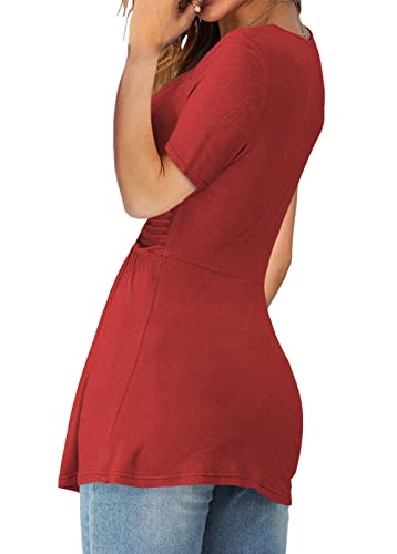 Image of Tankaneo Womens Front Knotted V-Neck Blouse T Shirt Short Sleeve Oversized Tunic Tops Summer Solid Pullover Tees