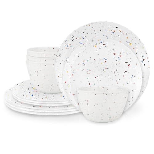 Zak Designs Melamine Dinnerware Set, 12-Piece, Service for 4, Confetti (Eggshell White)