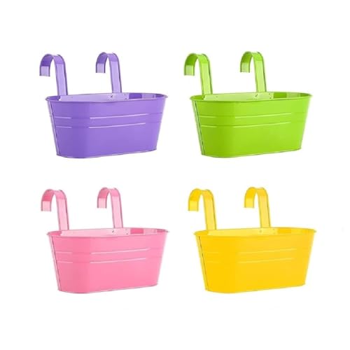 Image of 12 INCH Anti Rust Railing Oval Planter for Balcony & Garden with Detachable Handle | Hanging Flowerpot Holder | Metal Wall Planter for Indoor and Outdoor Decor (Multicolour, 4)