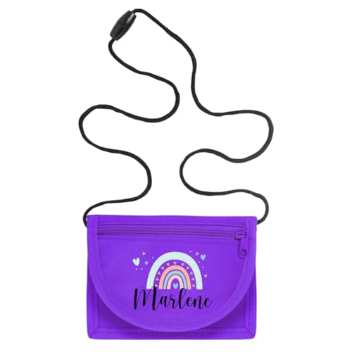 minimutz Geldbörse Kinder personalisiert, Kindergeldbeutel mit Name, Brustbeutel Regenbogen Herzen Mädchen (lila)