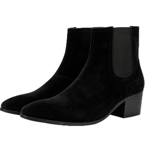 Image of Men'S Classic Leather Chunky Heel Chelsea Boots With Side Zipper Fashion Pointed Toe Elastic Band High Top Block High Heel Formal Chukka Booties For Casual Business Party Wedding