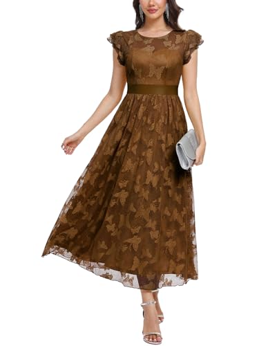 Image of Women's Casual Tulle Midi Dress Ruffle Sleeve Crewneck Lace Flowy Dresses Party Wedding Guest Sundress