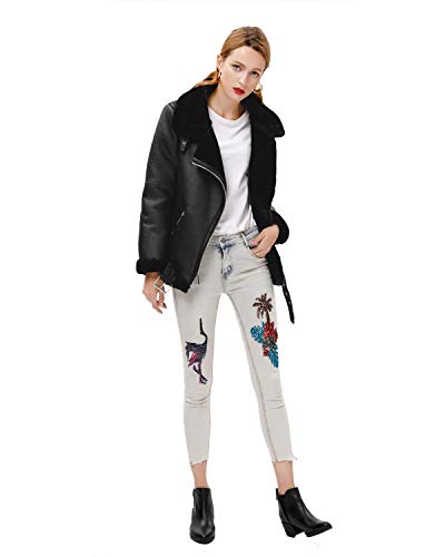 Winter Women's Faux Leather Lambs Leather Jacket Moto Biker Short Coat Wool Fur Collar Zipper Jacket Warm Thick Outwear (Faxu Shearling Black, S) #TOP4