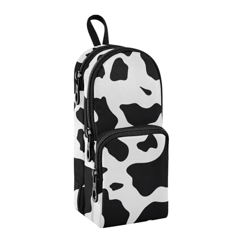 Image of Black Cow Skin Pencil Case Big Capacity Pen Bag with Compartment Students Schoolbag Shape Stationery Organizer Pencil Pouch Marker Case for School Office Work